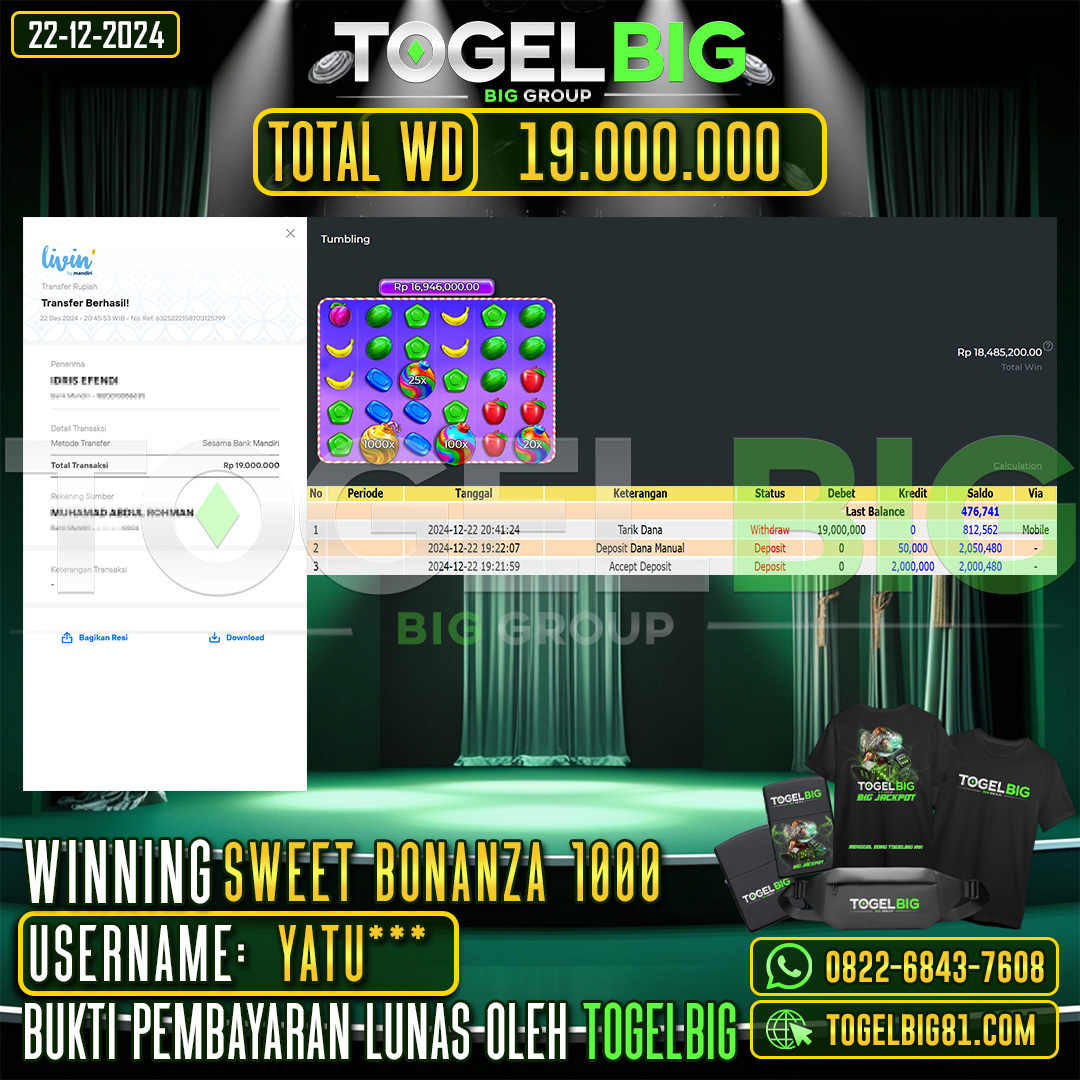 TOGELBIG JACKPOT SLOT SWEET BONANZA 1000 RP.19.000.000,- LUNAS USER ID : YATU***