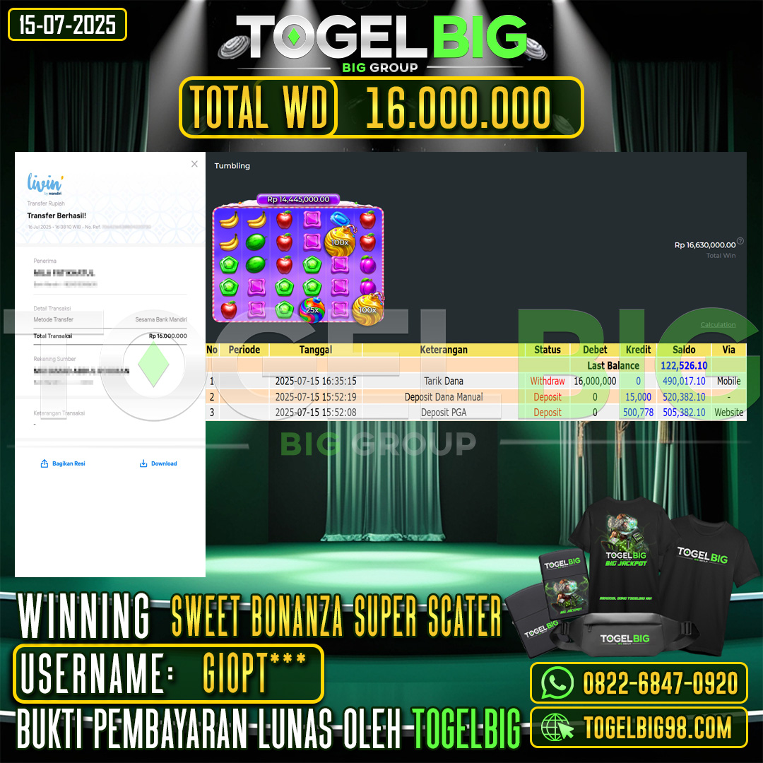 TOGELBIG JACKPOT SLOT SWEET BONANZA SUPER SCATTER RP.16.000.000,- LUNAS USER ID : GIOPT***