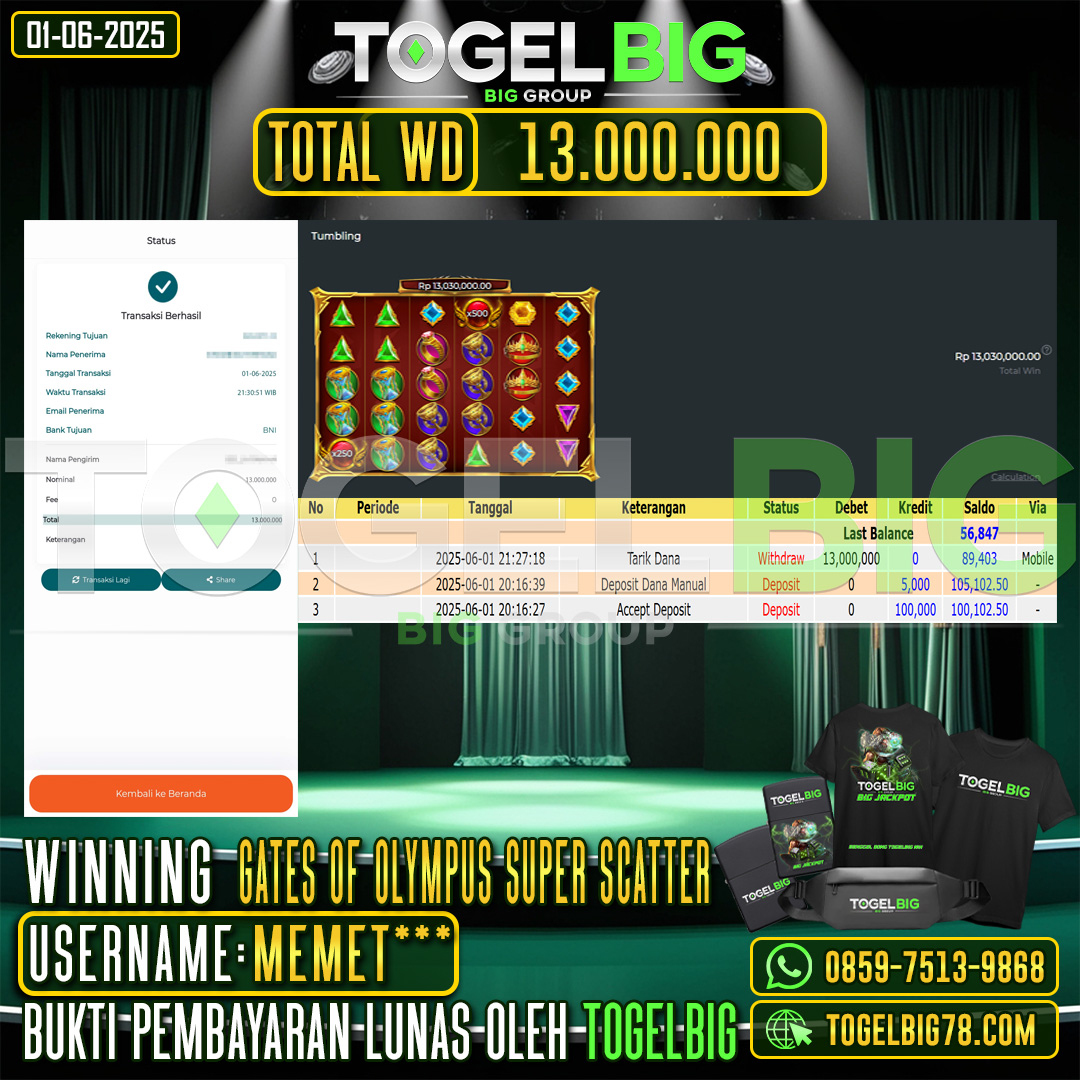TOGELBIG JACKPOT SLOT GATES OF OLYMPUS SUPER SCATTER RP.13.000.000 ,- LUNAS USER ID : MEMET***