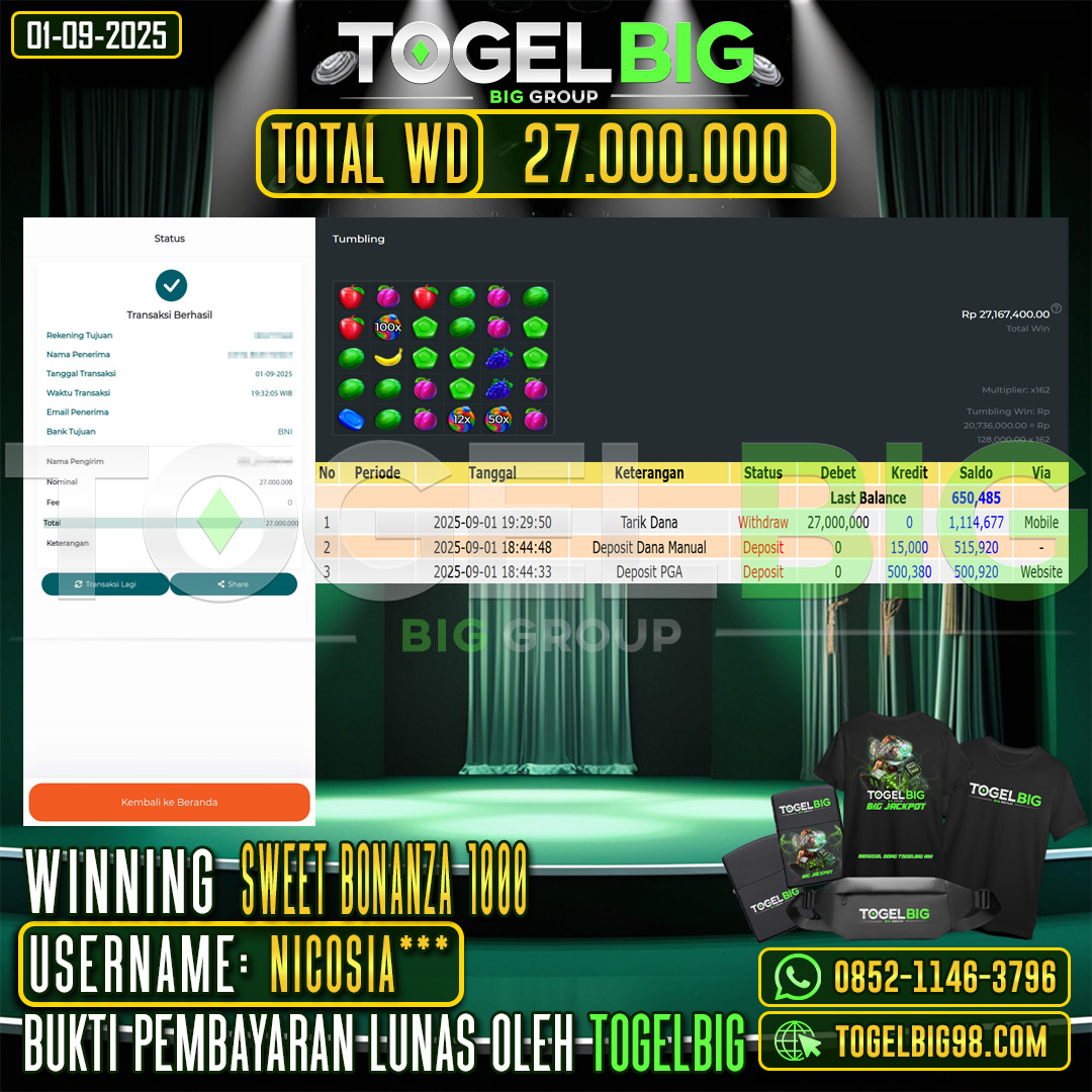 TOGELBIG JACKPOT SLOT SWEET BONANZA 1000 RP.27.000.000,- LUNAS USER ID : NICOSIA***