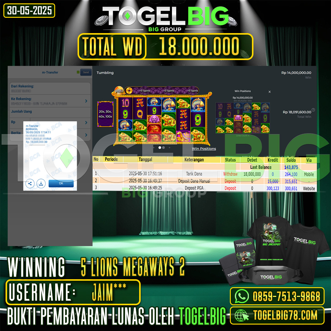 TOGELBIG JACKPOT SLOT 5 LIONS MEGAWAYS 2 RP.18.000.000 ,- LUNAS USER ID : JAIM***