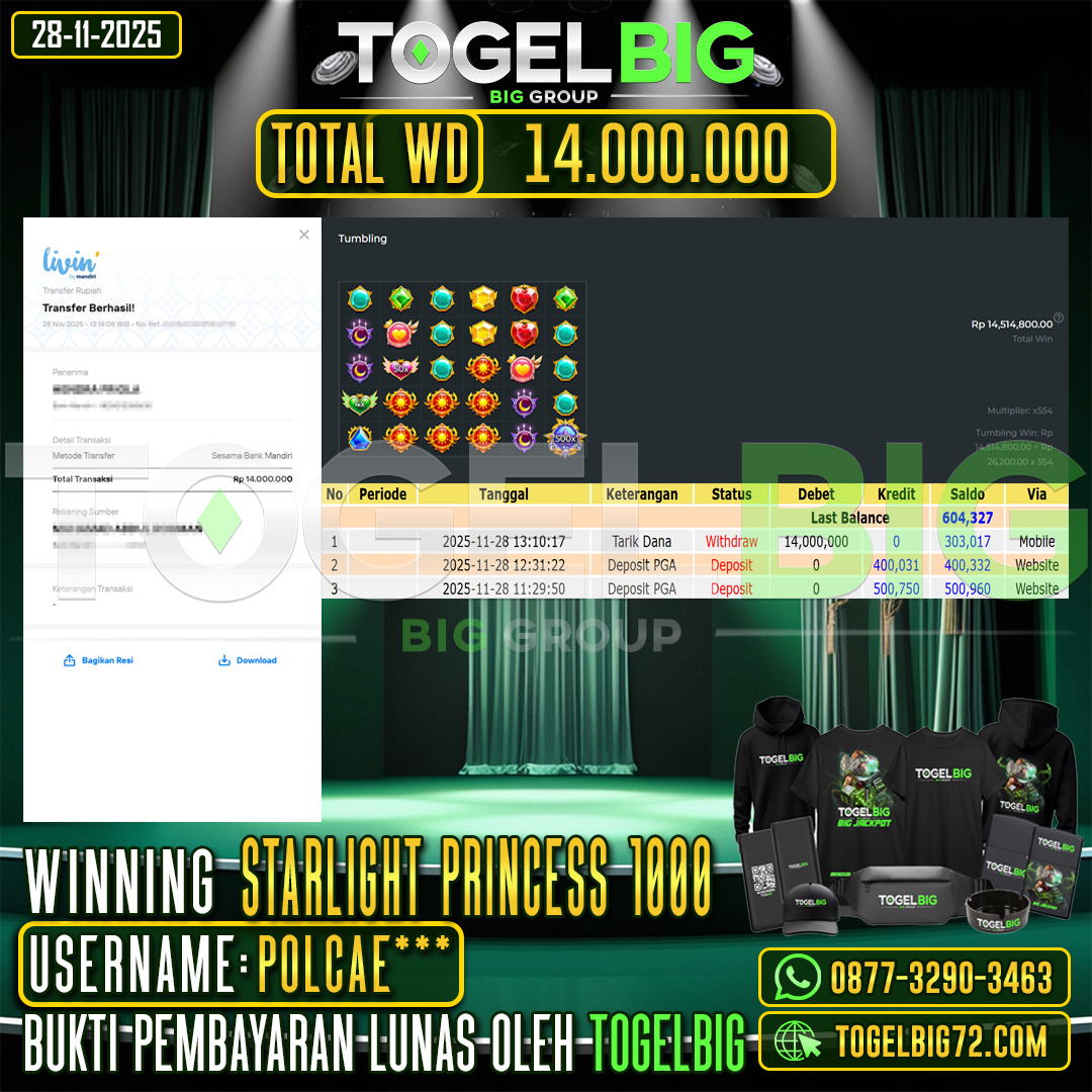 TOGELBIG  JACKPOT SLOT STARLIGHT PRINCESS 1000  RP.14.000.000 ,- LUNAS USER ID :  POLCAE***