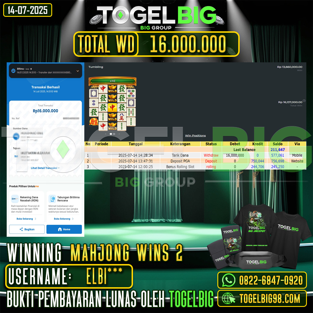 TOGELBIG JACKPOT SLOT MAHJONG WINS 2 RP.16.000.000,- LUNAS USER ID : ELBI***