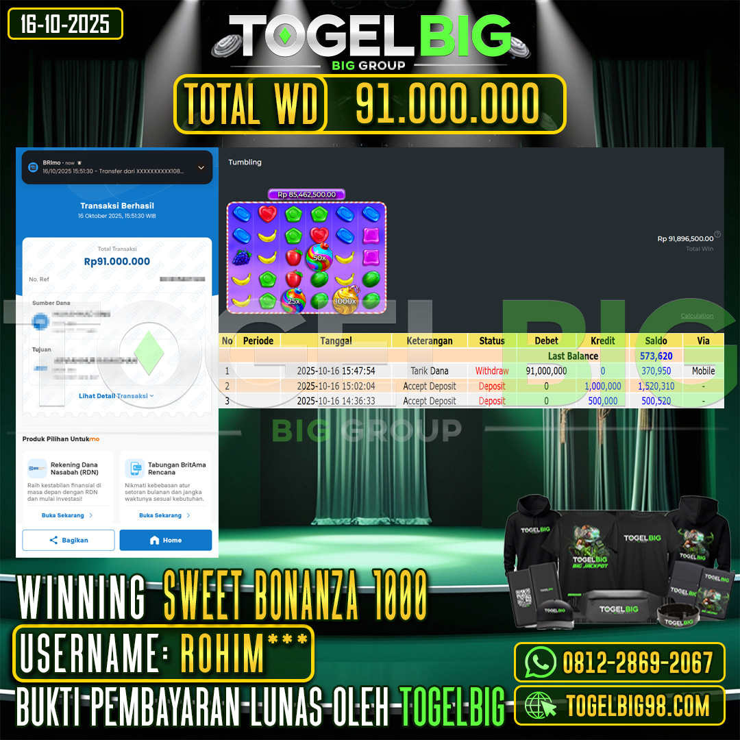 TOGELBIG  JACKPOT SLOT  SWEET BONANZA 1000 RP.91.000.000,- LUNAS USER ID :  ROHIM***
