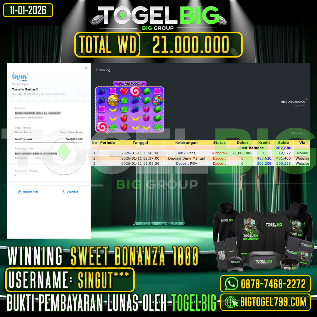 TOGELBIG JACKPOT SLOT SWEET BONANZA 1000 RP.21.000.000 ,- LUNAS USER ID :  SINGUT***