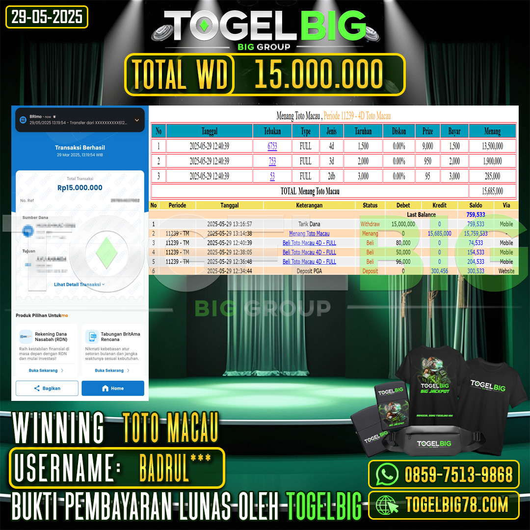 TOGELBIG JACKPOT TOGEL PASARAN TOTO MACAU RP.15.000.000 ,- LUNAS USER ID : BADRUL***