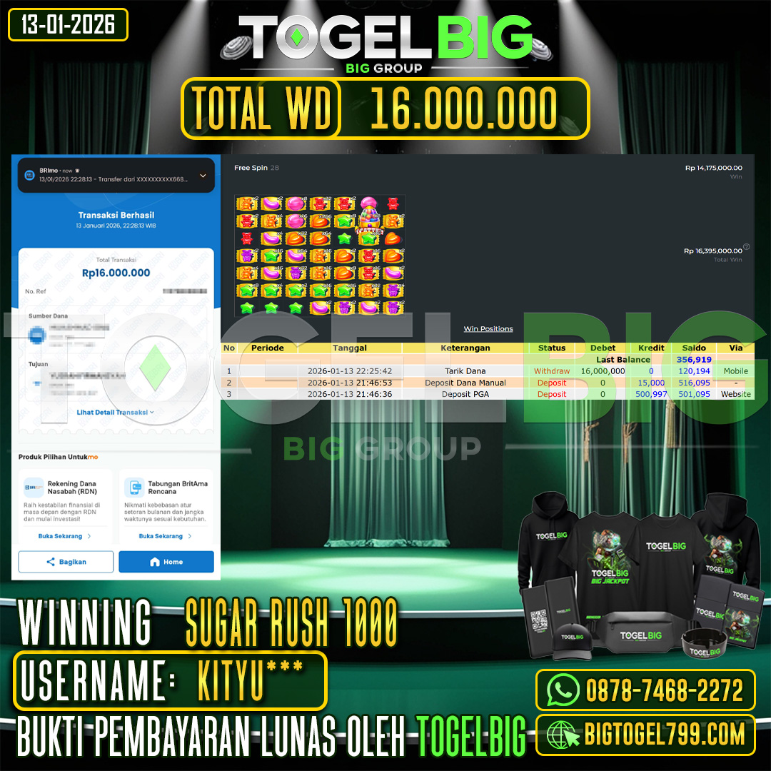 TOGELBIG JACKPOT SLOT SUGAR RUSH 1000  RP.16.000.000,- LUNAS USER ID :  KITYU***