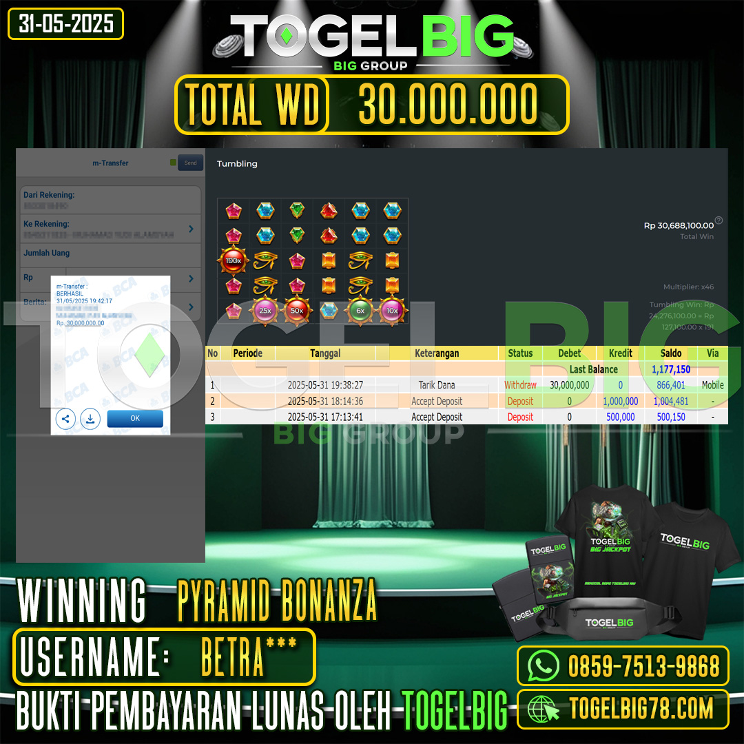 TOGELBIG JACKPOT SLOT PYRAMID BONANZA RP.30.000.000 ,- LUNAS USER ID : BETRA***