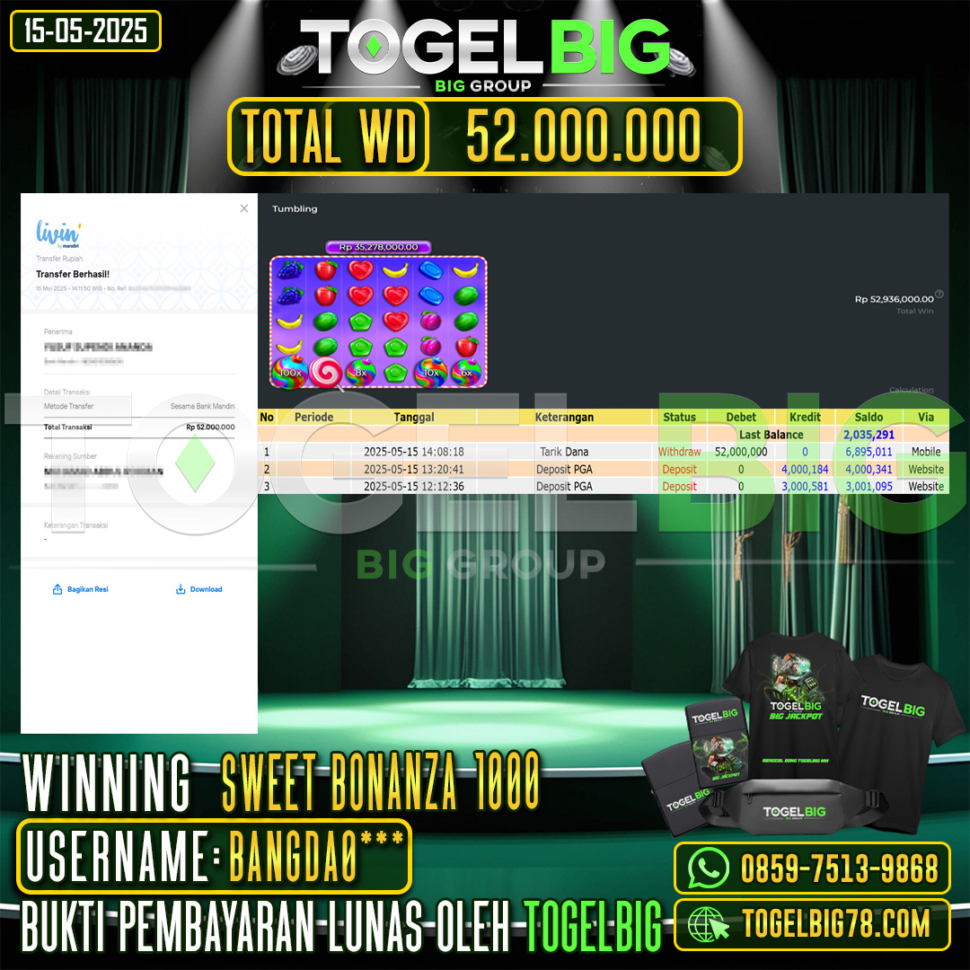 TOGELBIG JACKPOT SLOT SWEET BONANZA 1000 RP.52.000.000 ,- LUNAS USER ID : BANGDA0***