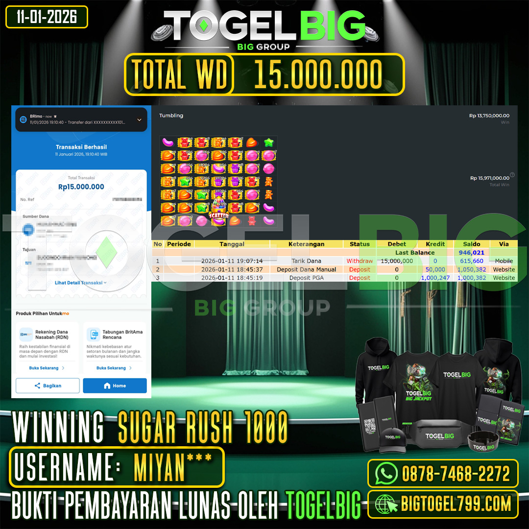 TOGELBIG JACKPOT SLOT SUGAR RUSH 1000 RP.15.000.000 ,- LUNAS USER ID :  MIYAN***