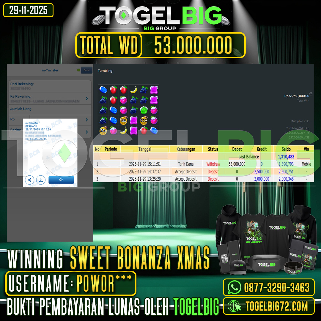 TOGELBIG  JACKPOT SLOT SWEET BONANZA XMAS RP.53.000.000 ,- LUNAS USER ID :  POWOR***