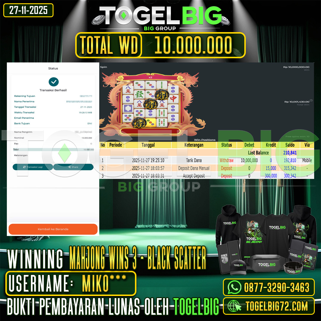 TOGELBIG  JACKPOT SLOT MAHJONG WINS 3 - BLACK SCATTER RP.10.000.000 ,- LUNAS USER ID :  MIKO***