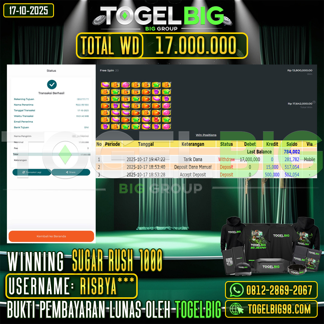 TOGELBIG  JACKPOT SLOT SUGAR RUSH  1000 RP.17.000.000,- LUNAS USER ID :  RISBYA***