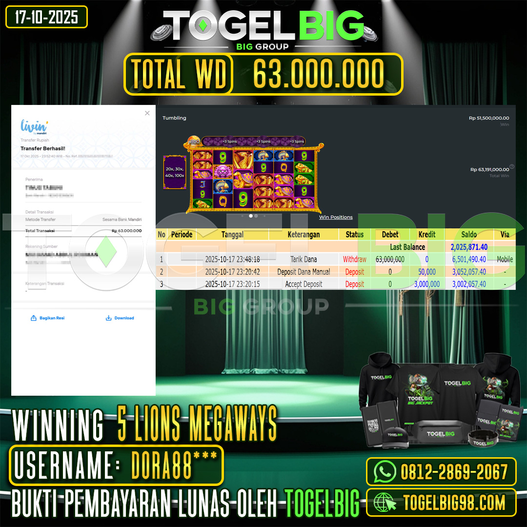 TOGELBIG  JACKPOT SLOT 5 LIONS MEGAWAYS RP.63.000.000,- LUNAS USER ID :  DORA88***