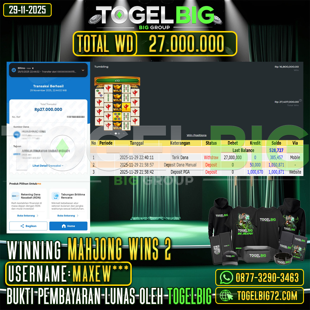 TOGELBIG  JACKPOT SLOT MAHJONG WINS 2 RP.27.000.000 ,- LUNAS USER ID :  MAXEW***