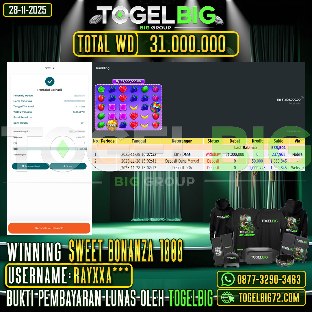 TOGELBIG  JACKPOT SLOT SWEET BONANZA  1000 RP.31.000.000 ,- LUNAS USER ID :  RAYXXA***