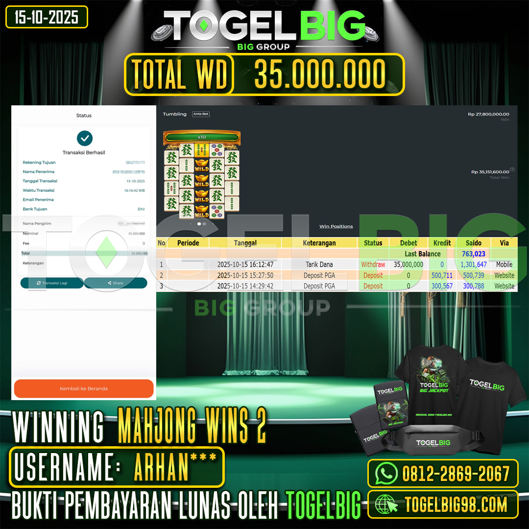 TOGELBIG  JACKPOT SLOT  MAHJONG WINS 2  RP.35.000.000,- LUNAS USER ID :  ARHAN***