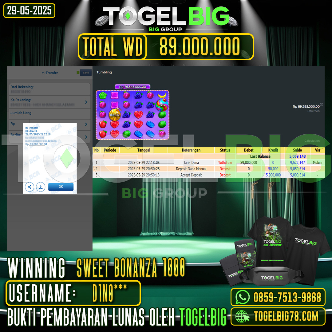 TOGELBIG JACKPOT SLOT SWEET BONANZA 1000 RP.89.000.000 ,- LUNAS USER ID : DINO***