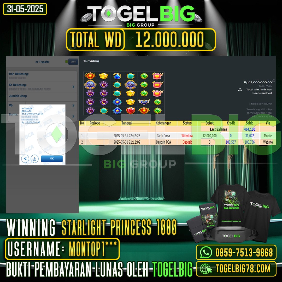 TOGELBIG JACKPOT SLOT STARLIGHT PRINCESS 1000 RP.12.000.000 ,- LUNAS USER ID : MONTOP1***
