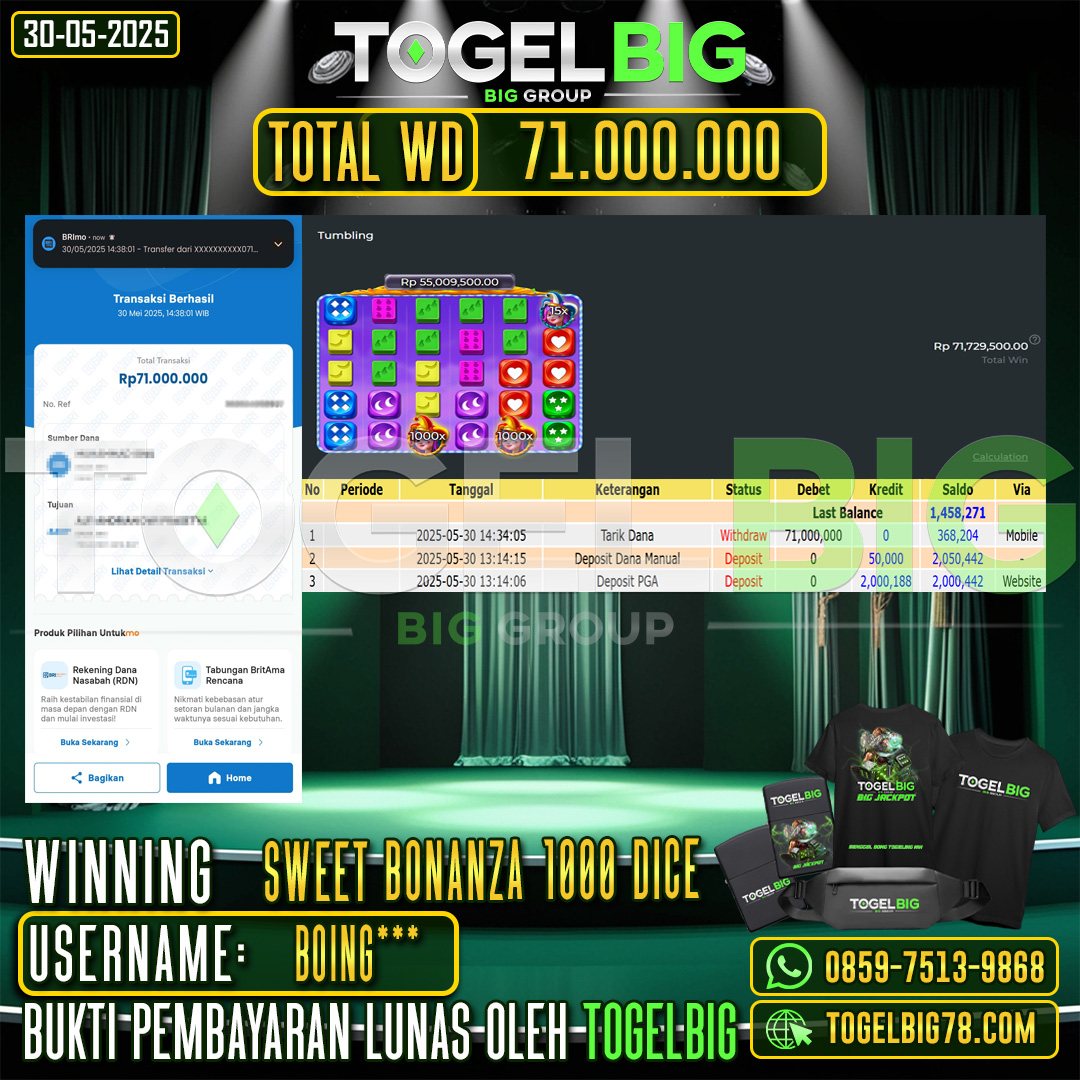 TOGELBIG JACKPOT SLOT SWEET BONANZA 1000 DICE RP.71.000.000 ,- LUNAS USER ID : BOING***