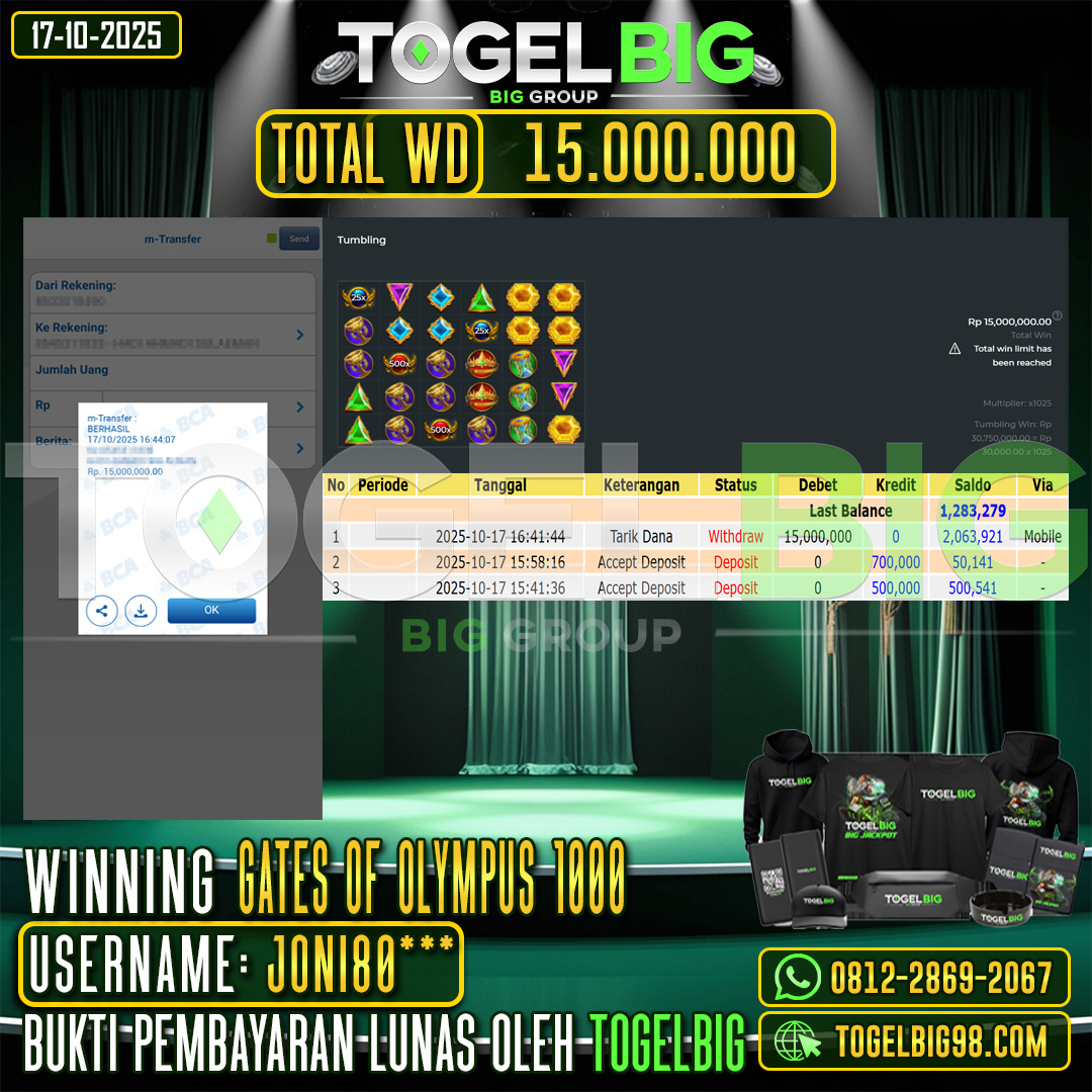 TOGELBIG  JACKPOT SLOT GATES OF OLYMPUS 1000 RP.15.000.000,- LUNAS USER ID :  JONI80***