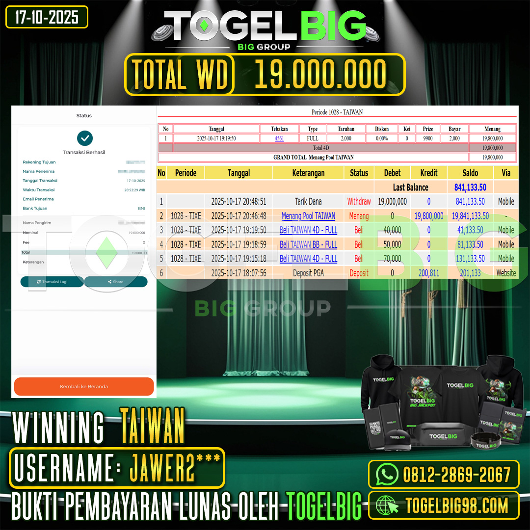 TOGELBIG  JACKPOT TOGEL PASARAN TAIWAN RP.19.000.000,- LUNAS USER ID :  JAWER2***