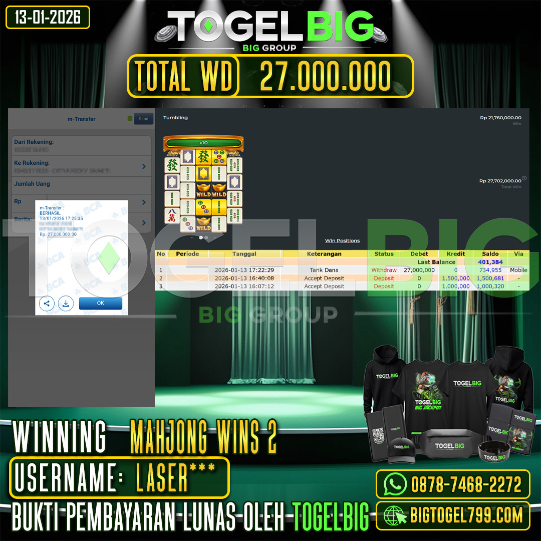 TOGELBIG JACKPOT SLOT MAHJONG WINS 2 RP.27.000.000,- LUNAS USER ID :  LASER***