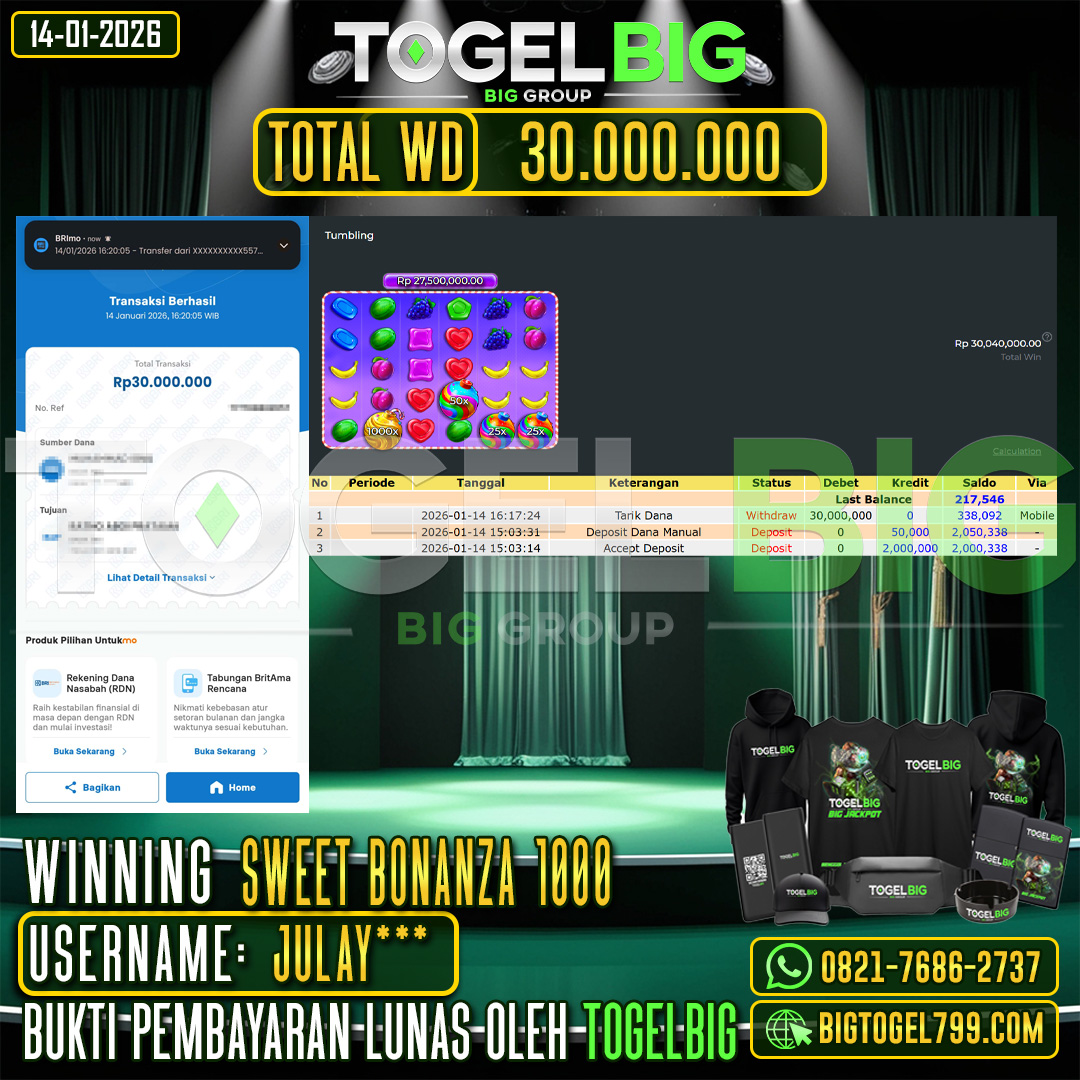 TOGELBIG JACKPOT SLOT SWEET BONANZA 1000 RP.30.000.000,- LUNAS USER ID :  JULAY***
