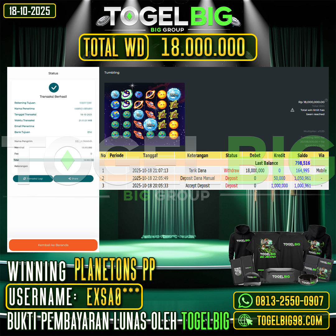 TOGELBIG  JACKPOT SLOT PLANETONS PP RP.18.000.000,- LUNAS USER ID :  EXSA0***
