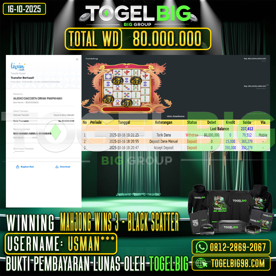 TOGELBIG  JACKPOT SLOT  MAHJONG WINS 3 - BLACK SCATTER  RP.80.000.000,- LUNAS USER ID :  USMAN***