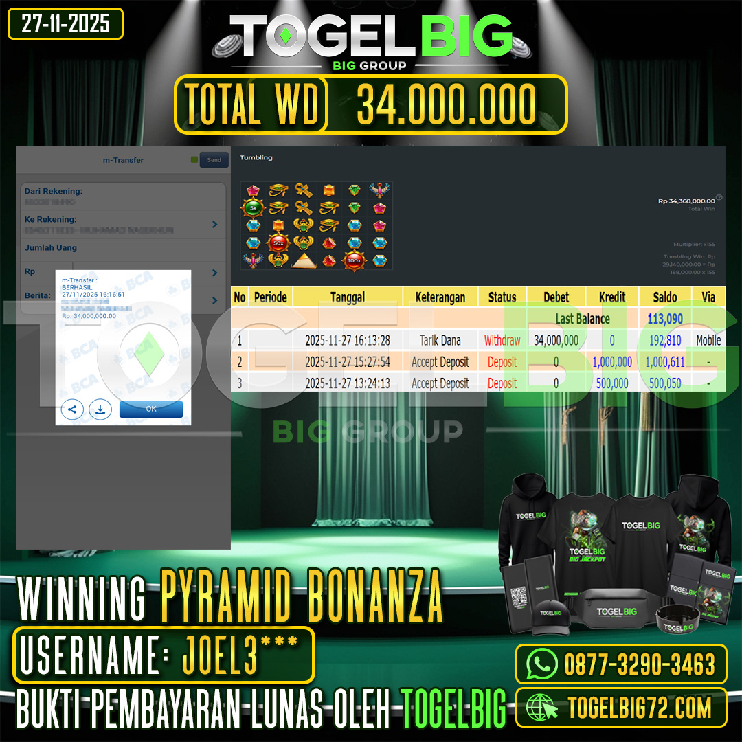 TOGELBIG  JACKPOT SLOT PYRAMID BONANZA RP.34.000.000 ,- LUNAS USER ID :  JOEL3***