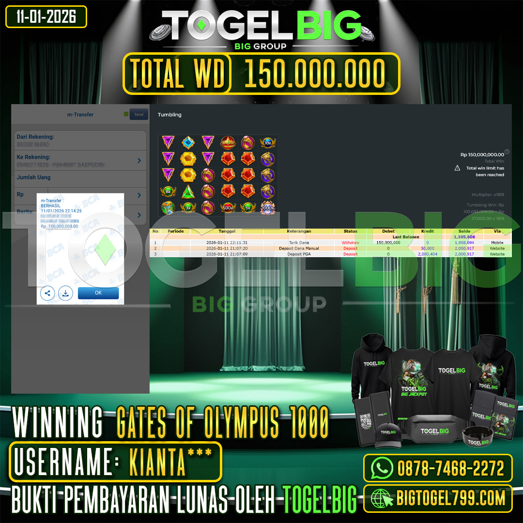 TOGELBIG JACKPOT SLOT GATES OF OLYMPUS 1000 RP.150.000.000 ,- LUNAS USER ID :  KIANTA***
