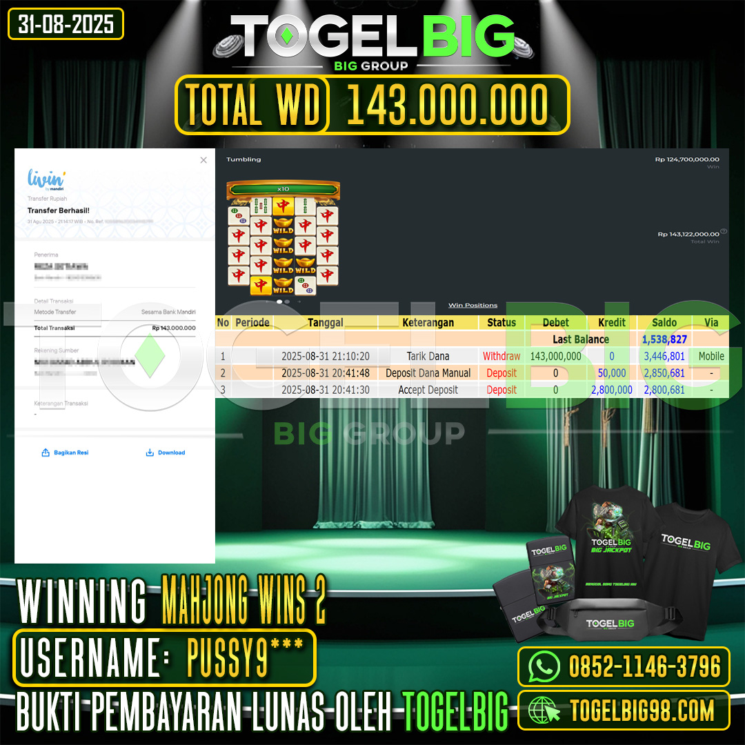 TOGELBIG JACKPOT SLOT MAHJONG WINS 2 RP.143.000.000,- LUNAS USER ID : PUSSY9***