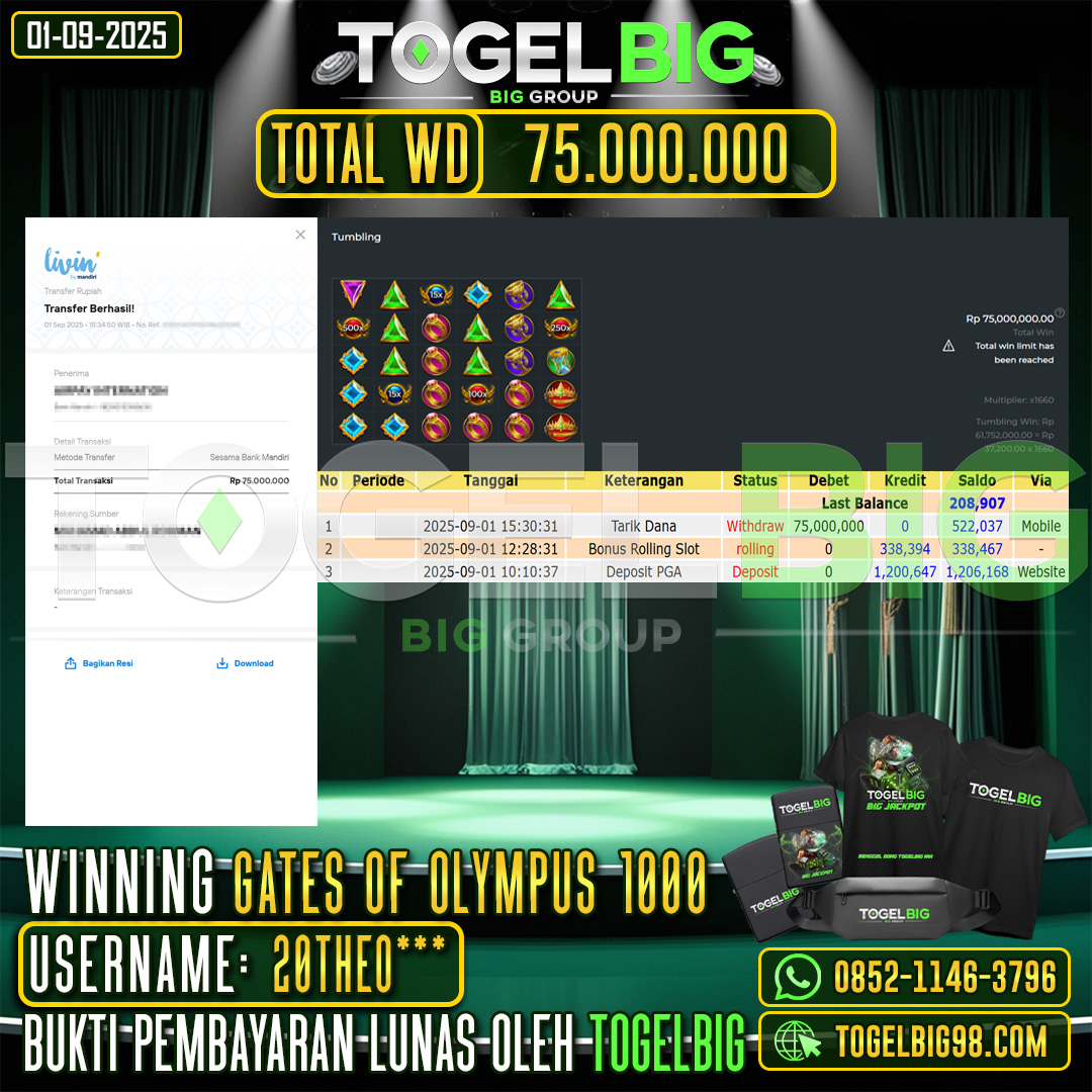 TOGELBIG JACKPOT SLOT GATES OF OLYMPUS 1000 RP.75.000.000,- LUNAS USER ID : 20THE0***