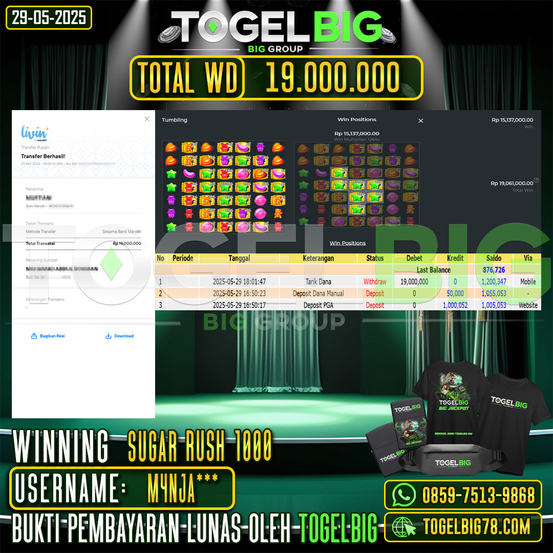 TOGELBIG JACKPOT SLOT SUGAR RUSH 1000 RP.19.000.000 ,- LUNAS USER ID : M4NJA***