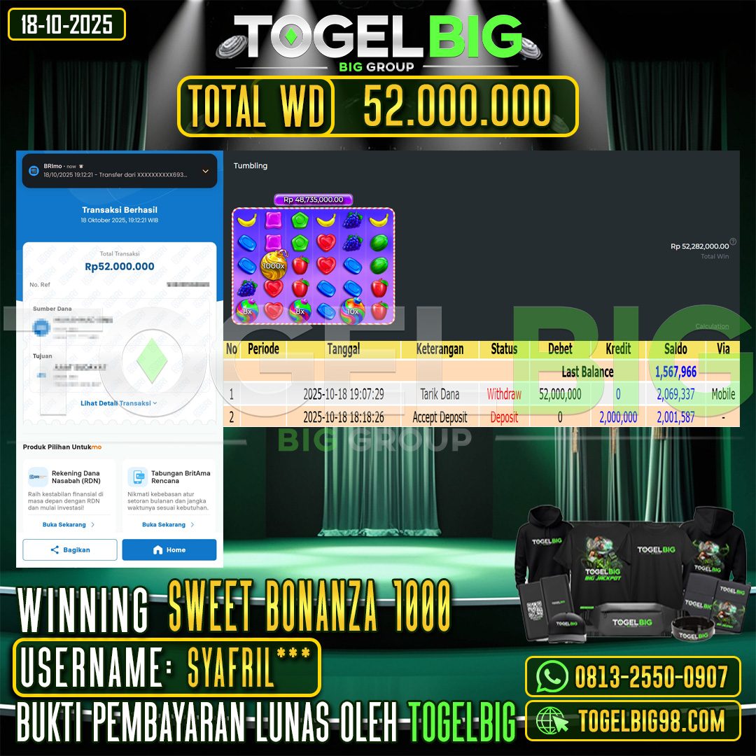 TOGELBIG  JACKPOT SLOT SWEET BONANZA 1000  RP.52.000.000,- LUNAS USER ID :  SYAFRIL***