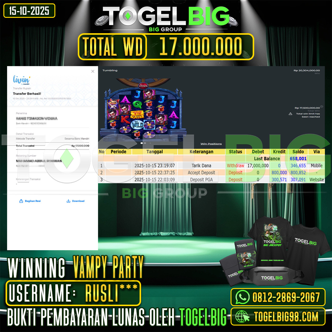 TOGELBIG  JACKPOT SLOT VAMPY PARTY RP.17.000.000,- LUNAS USER ID :  RUSLI***