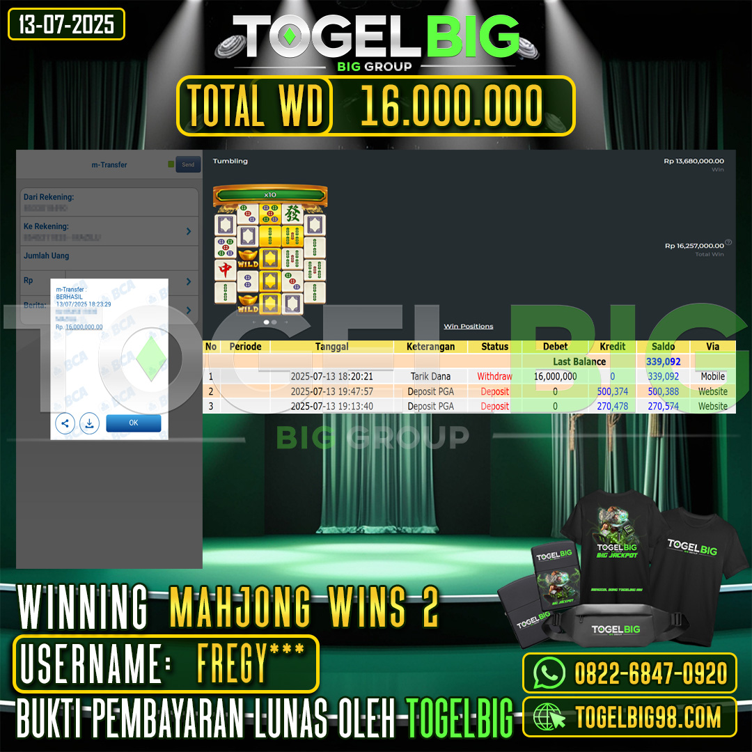 TOGELBIG JACKPOT SLOT MAHJONG WINS 2 RP.16.000.000,- LUNAS USER ID : FREGY***