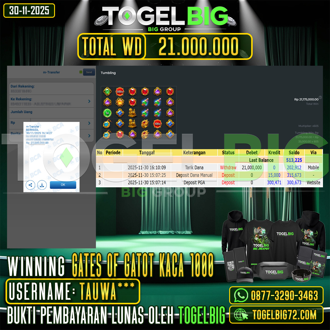 TOGELBIG  JACKPOT SLOT  GATES OF GATOT KACA 1000  RP.21.000.000 ,- LUNAS USER ID :  TAUWA***